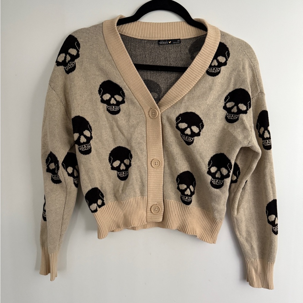 Beige Skull Cropped Cardigan Sweaters, Size XS